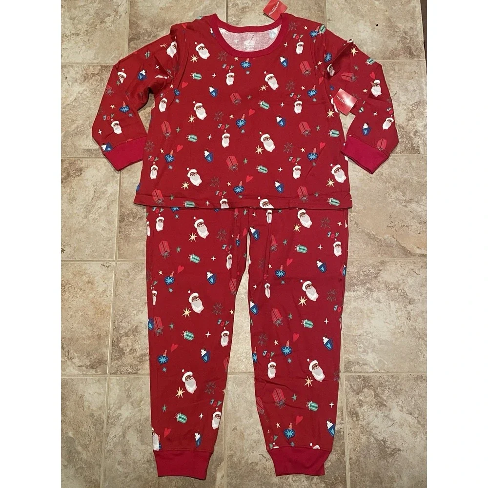 WONDERSHOP Women's Red Santa Print Ribbed Holiday Pajama Set Size 1X NWT